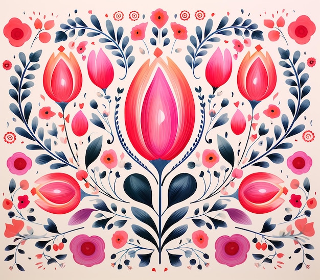 Acquerello Arte popolare scandinava Rosa Fiore d'amore