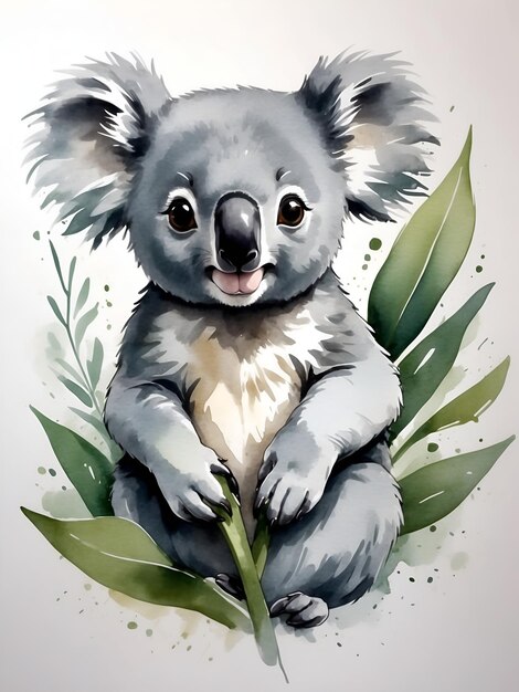 Acquerello artistico di alta qualità Logo Koala Espressione serena Eucalipto Grigio Bianco Foglia Verde