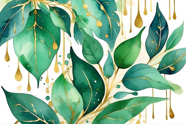 Acquerello astratto con foglie verdi decorative gocce d'oro
