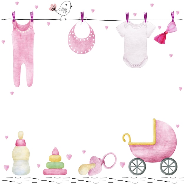 Acquerello baby shower per ragazza carina cornice disegnata a mano con elementi per bambini