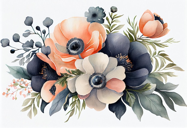 Acquerello blu navy e bouquet di anemoni color pesca su sfondo bianco Generativo ai