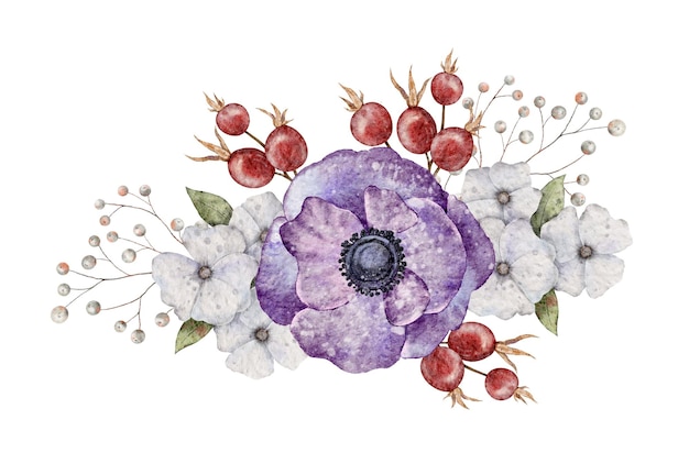 Acquerello Boho Anemone fiori foglie rami e bacche Halloween design Strega illustrazione