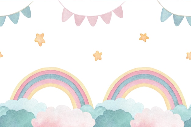 Acquerello bordo senza cuciture o cornice con illustrazione di caricature carine bandiere arcobaleno e nuvole per decorare la stanza dei bambini carta da parati carte e inviti