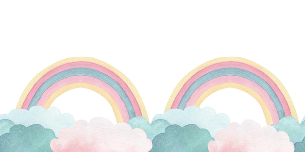 Acquerello bordo senza cuciture o cornice con illustrazione di cartoon carino arcobaleno e nuvole per decorare la stanza dei bambini carta da parati carte e inviti