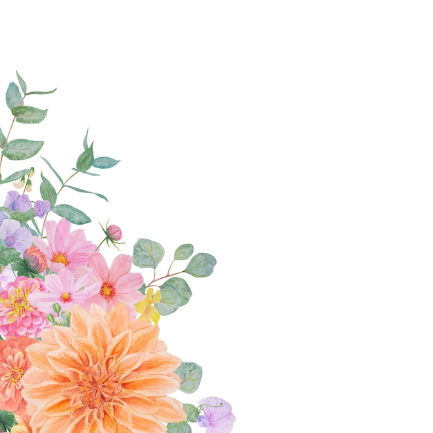 Acquerello botanico cornice colorata di fiori estivi e autunnali dahlia zinnia lathyrus gillyfl