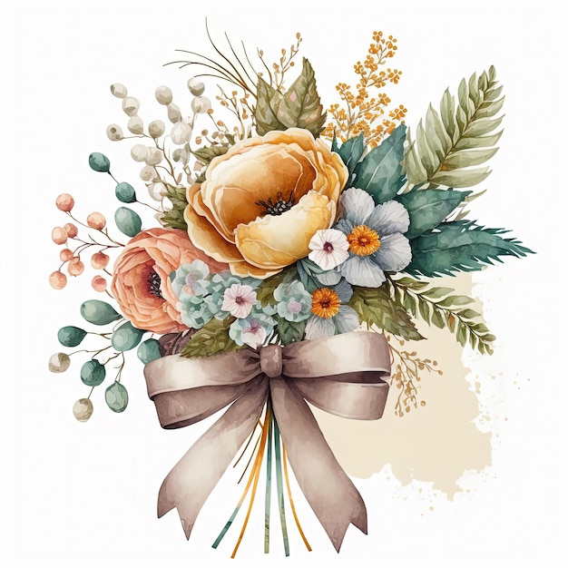 Acquerello bouquet di fiori colorati con fiocco isolato su sfondo bianco Invito a nozze