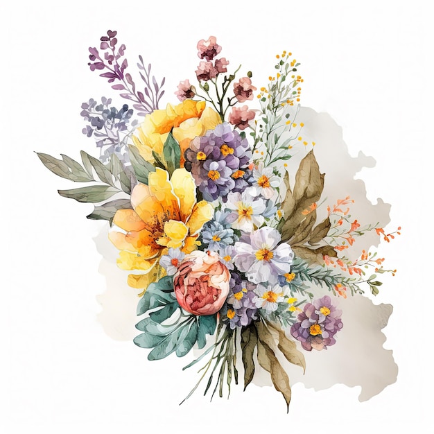 Acquerello bouquet di fiori colorati isolato su sfondo bianco Illustrazione botanica