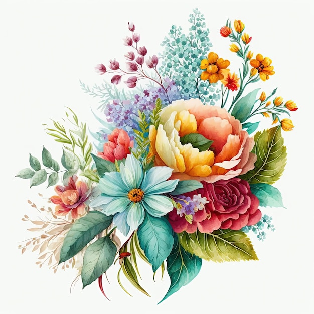 Acquerello bouquet di fiori colorati isolato su sfondo bianco Invito a nozze Stampa d'arte botanica
