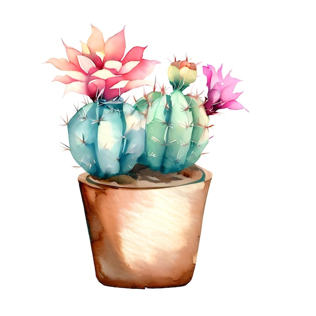 Acquerello Cactus in fiore con fiori in vasi vintage