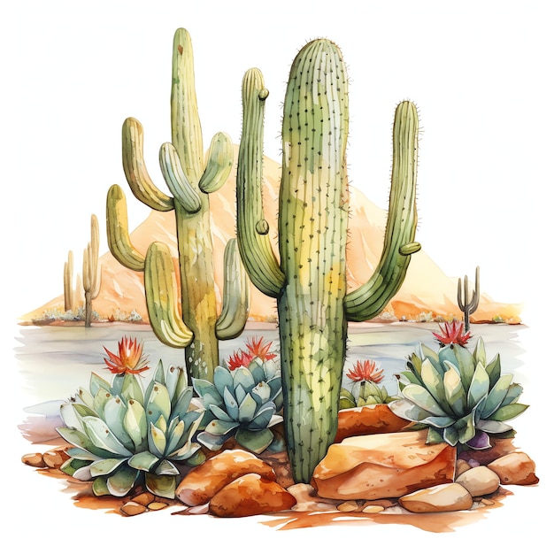 acquerello cactus Saguaro western wild west cowboy illustrazione del deserto clipart