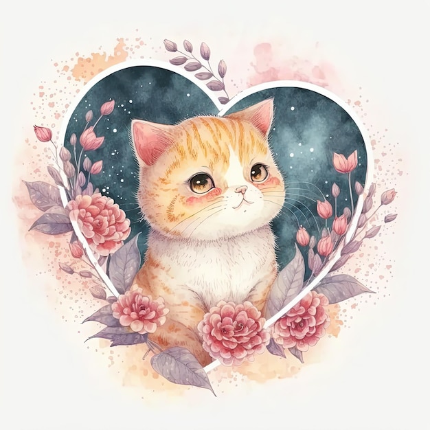 Acquerello carino gatto fiori cuore San Valentino illustrazione su sfondo bianco Ai generato