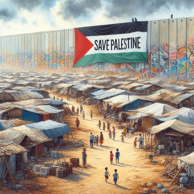 Acquerello cattura lo spirito di resilienza con lo striscione Save Palestine nel campo dei rifugiati