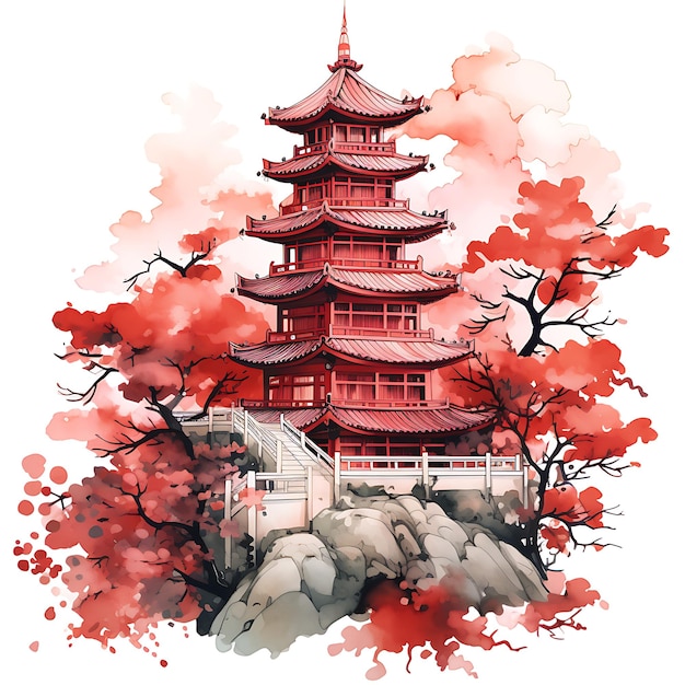 Acquerello Cina Tema Pagoda decorata in rosso con lanterne e ornamenti C opere d'arte creativa
