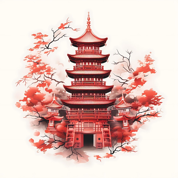 Acquerello Cina Tema Pagoda decorata in rosso con lanterne e ornamenti C opere d'arte creativa