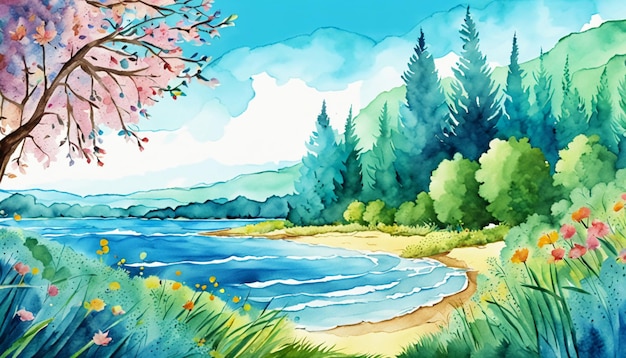 Acquerello cinese colorato inchiostro pittura a olio stile montagna lago albero erba cielo nuvole