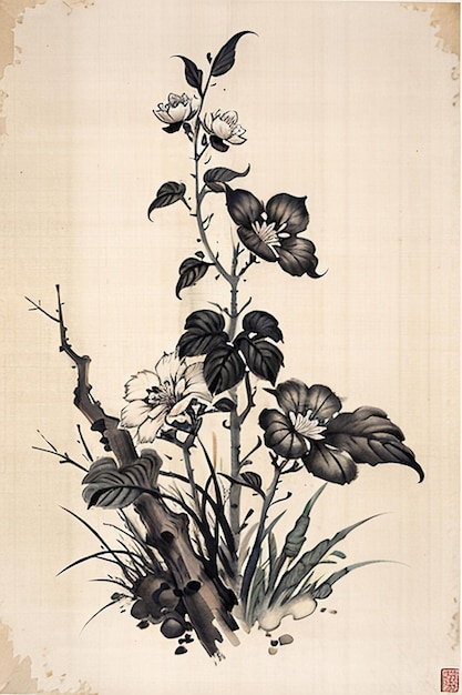 Acquerello cinese inchiostro stile pittura di fiori antichi un ramo collezione di fiori mostra d'arte