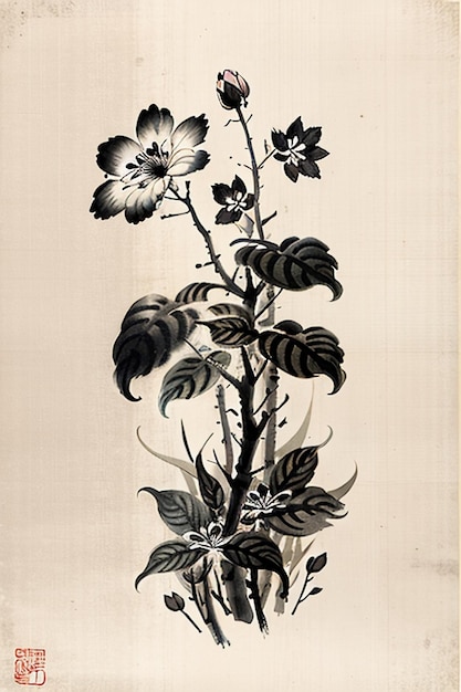Acquerello cinese inchiostro stile pittura di fiori antichi un ramo collezione di fiori mostra d'arte