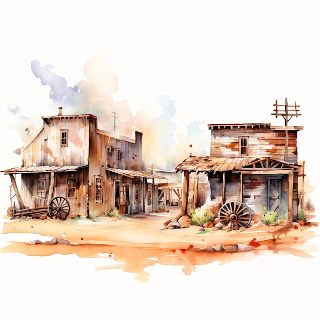 Acquerello città fantasma western wild west cowboy deserto illustrazione clipart