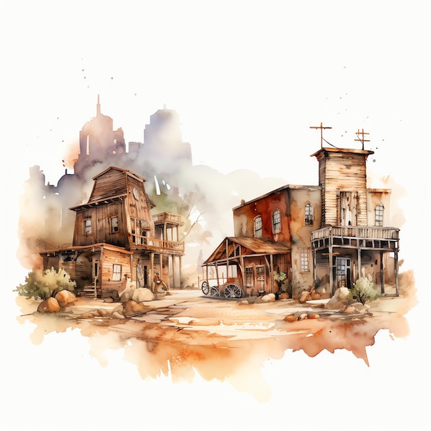 Acquerello città fantasma western wild west cowboy deserto illustrazione clipart