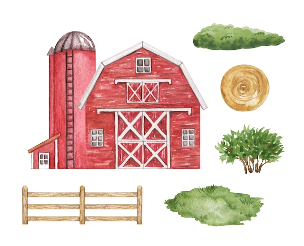 Acquerello clipart fattoria con silo fienile rosso e paesaggio paese rurale