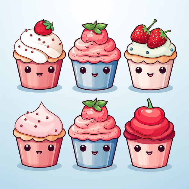 acquerello clipart set con sfondo bianco kawaii cupcake carino