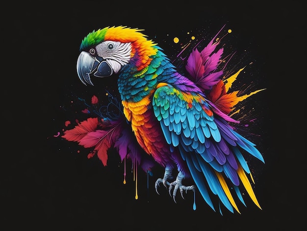 Acquerello colorato pappagallo macaw illustrazione vettoriale decorata con fiori