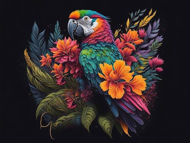 Acquerello colorato pappagallo macaw illustrazione vettoriale decorata con fiori