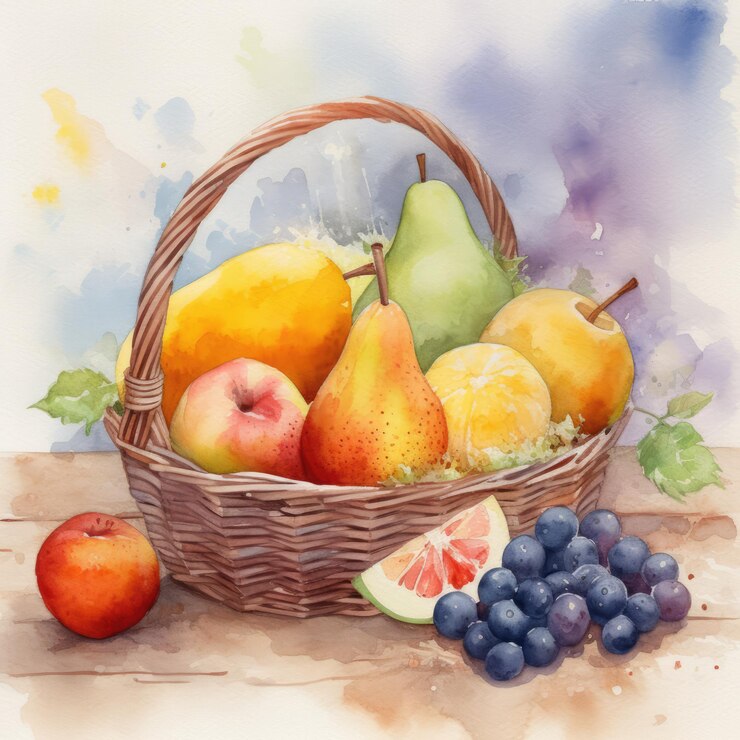 Acquerello con cesto di frutta creato utilizzando la tecnologia generativa ai