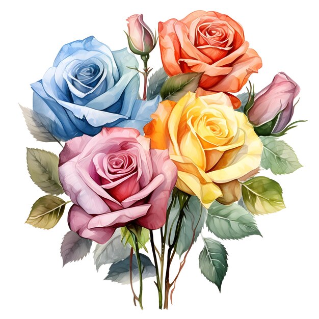Acquerello con diverse rose su sfondo bianco