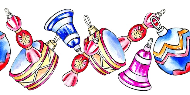 Acquerello confine senza cuciture con elementi festivi disegno a mano illustrazione di giocattoli di Natale colorati