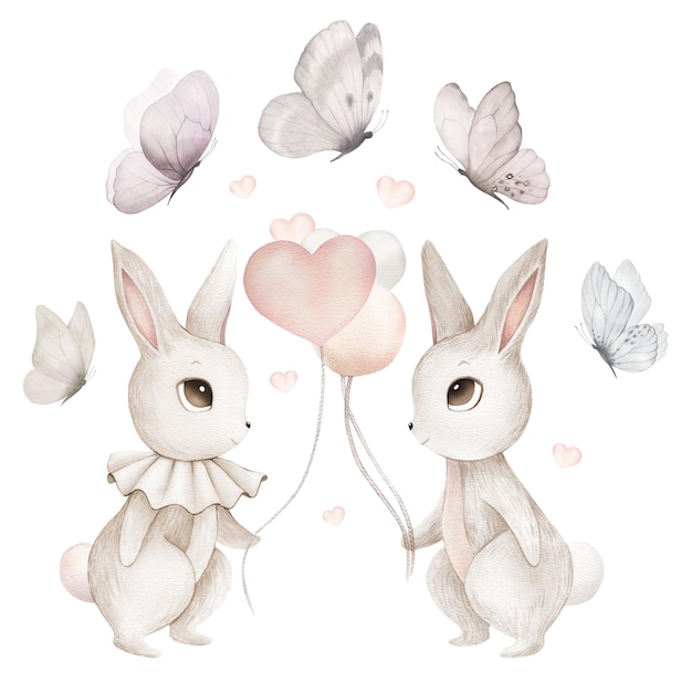 Acquerello coniglietto coniglietta grigio set palloncini ritratto di animale carino carino in colori pastello adesivi