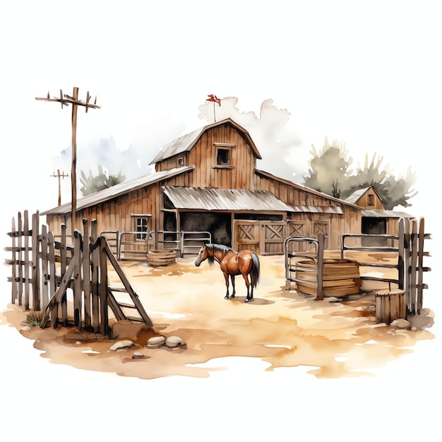 acquerello corral western wild west cowboy deserto illustrazione clipart