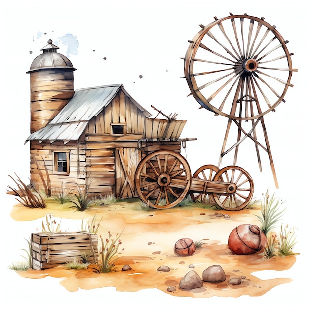 acquerello corral western wild west cowboy deserto illustrazione clipart