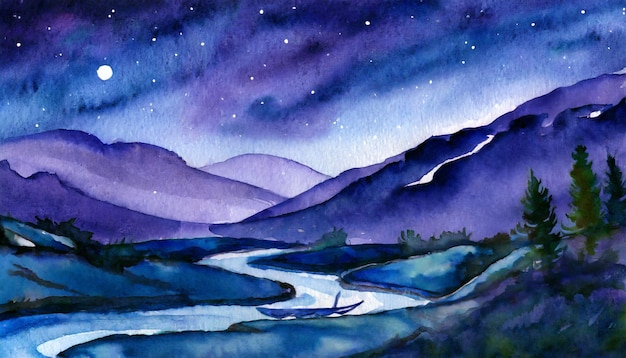 Acquerello d'arte che dipinge tranquille valli con un torrente sinuoso tranquillo di notte