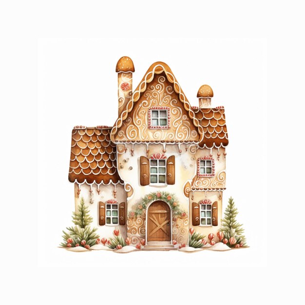 Acquerello decorato Gingerbread House con sfondo bianco