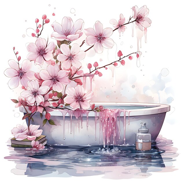 Acquerello del bagno con fiori di ciliegio in fiore, rosa morbido e inchiostro adesivo Delica Art Tshrit