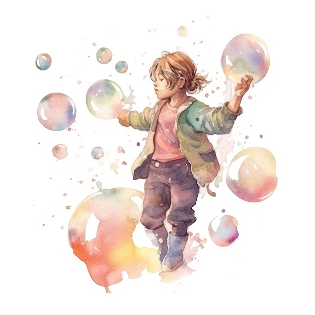 Acquerello del bambino che gioca bolle