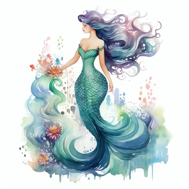 acquerello delle onde del mare della bella sirena sotto l'illustrazione di clipart dell'oceano del mare