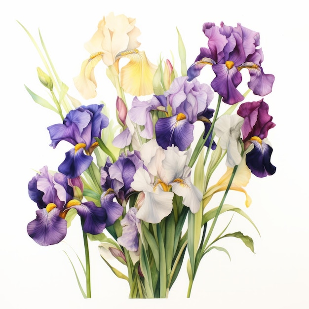 Acquerello dettagliato Bouquet di iris Arte botanica naturalistica degli anni '60 Acquerello olandese