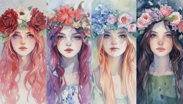 Acquerello di belle ragazze con una bella fascia di fiori sulla testa