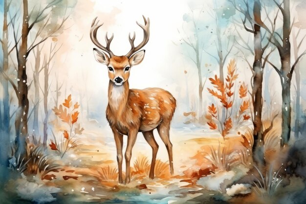 Acquerello di cervo nella foresta invernale Bella illustrazione Generativa AI