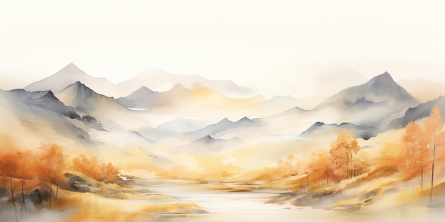 Acquerello di colore pastello morbido pittura a pennello astratta arte di belle montagne picco di montagna minimalismo paesaggio con linee dorate panorama banner illustrazione sfondo bianco