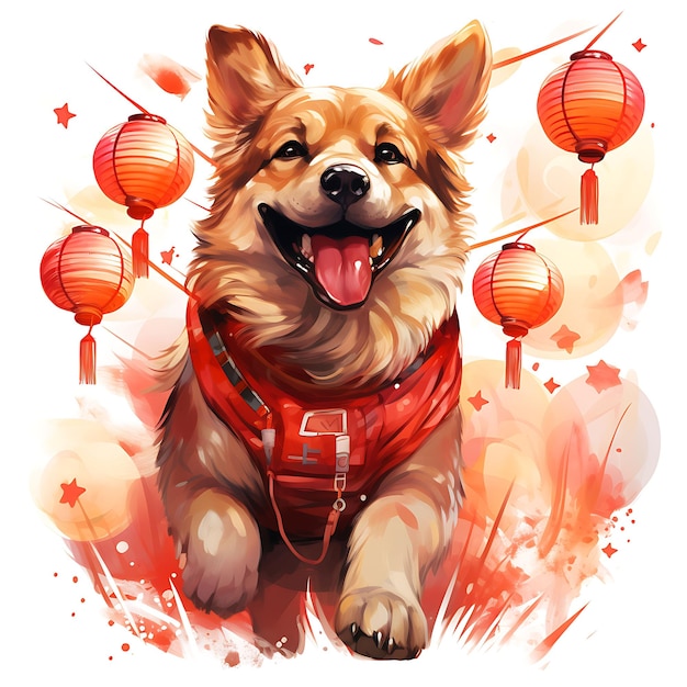 Acquerello di danza del cane con lanterne e bandiere rosse rosso forte e vibrante piatto 2D Art Digital