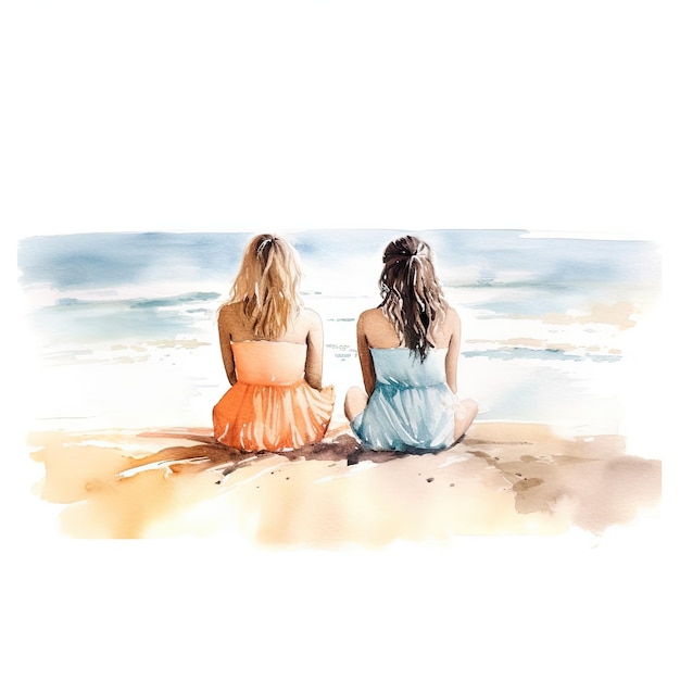 acquerello di due amici seduti sulla spiaggia