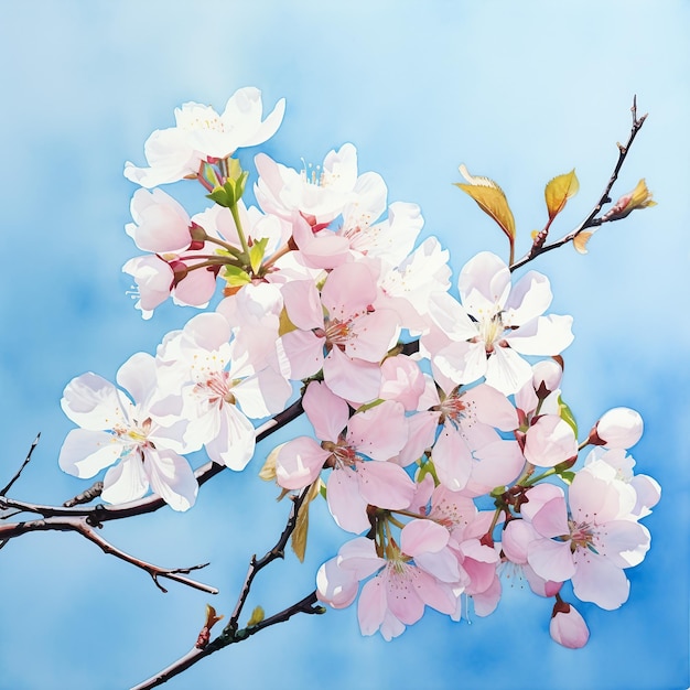 Acquerello di fiori di ciliegio in fiore contro un cielo blu AI generare illustrazione