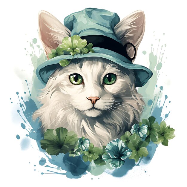 Acquerello di gatto angora turco che indossa un cappello di Panama Robe di seta Teal Green Patrick Day Clipart