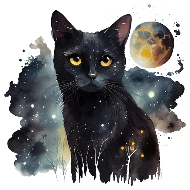 Acquerello di gatto nero celeste