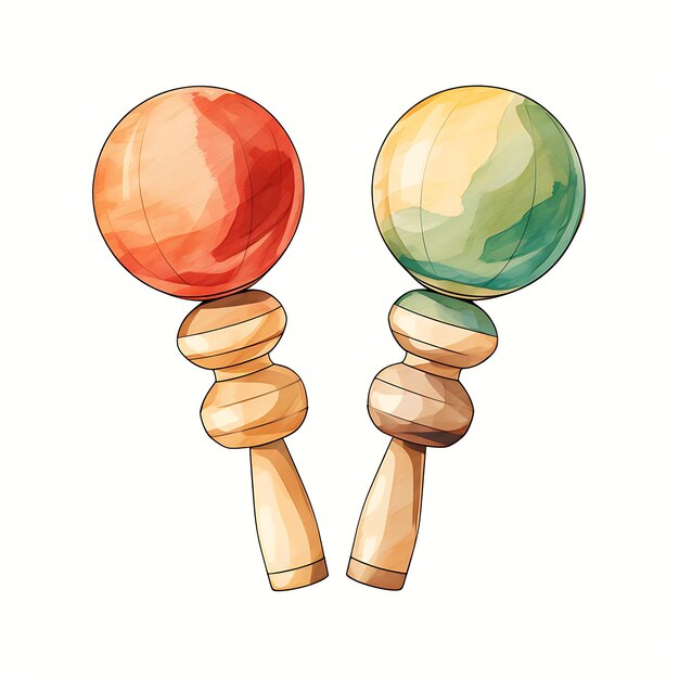 Acquerello di giocattolo di abilità giapponese Kendama colore legno naturale Beechwoo solido su inchiostro bianco BG Clipart