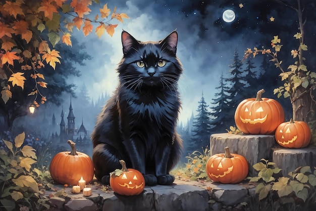 Acquerello di Halloween di gatto nero con zucche e fiori