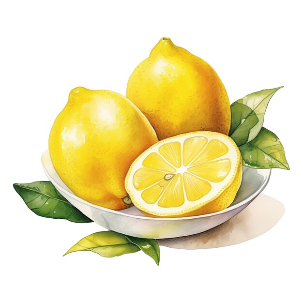 Acquerello di limoni freschi su piatto isolato su bianco realizzato con ai generativi